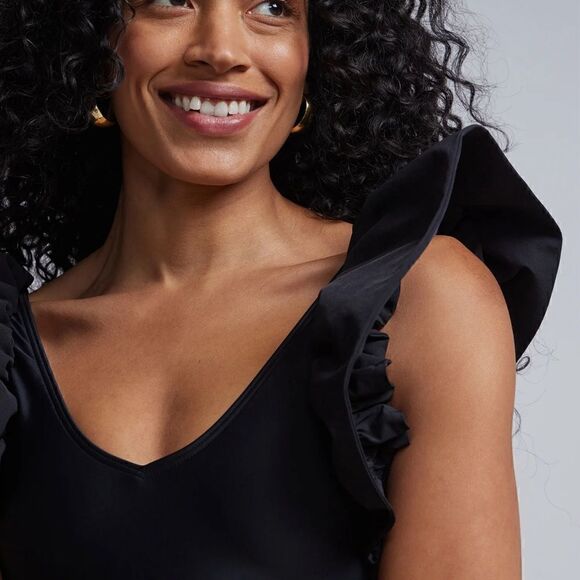 NY&C Ruffle Shoulder Black Padded Bikini Top L NWT - Picture 4 of 10